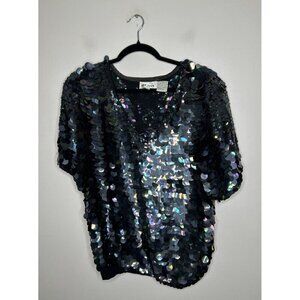 Sho Max Vintage 80s Black Mermaid Scale Mega Sequin Silk V-neck Top Size Medium